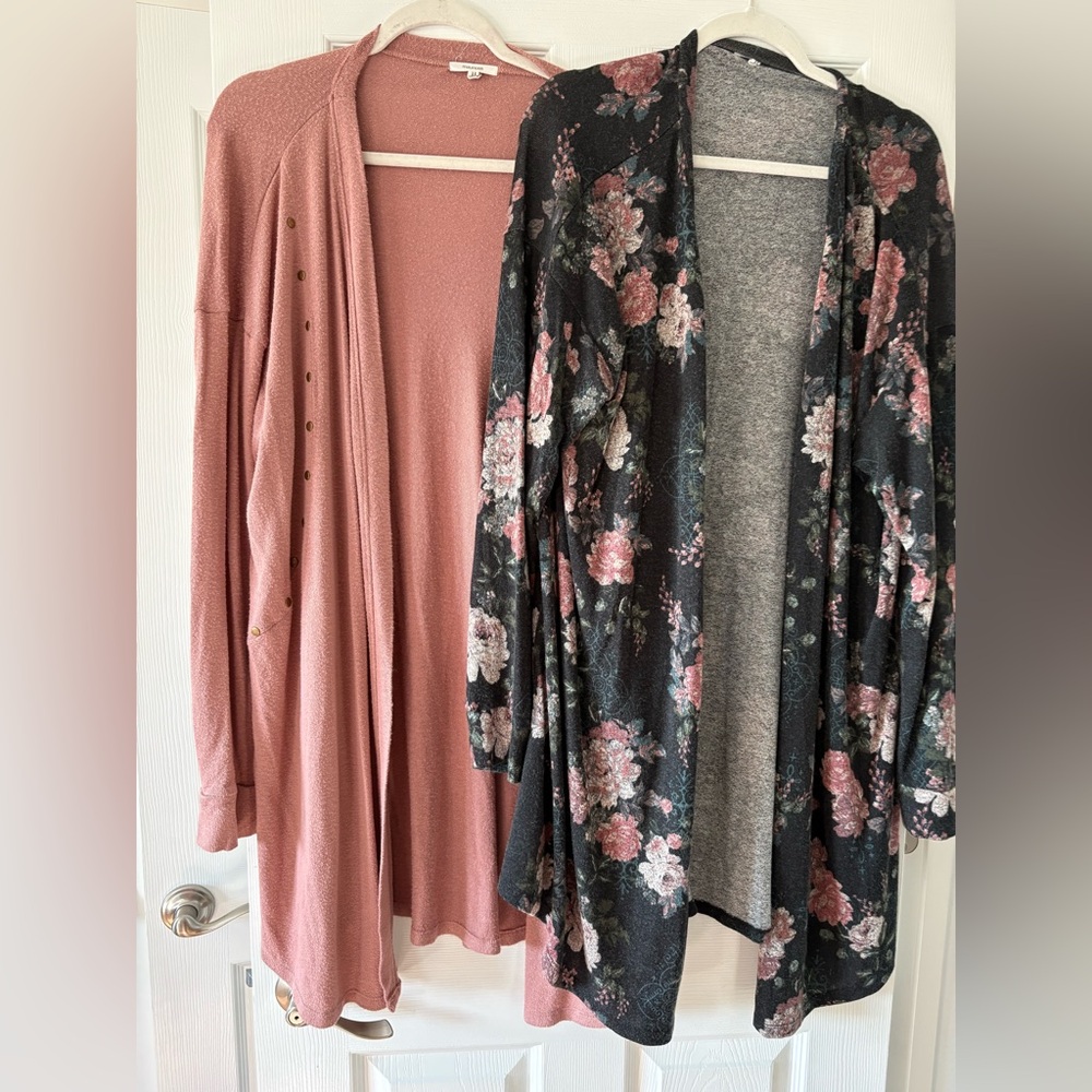 Maurices Pink Knit Cardigan & Black Floral Open-Front Cardigan Set